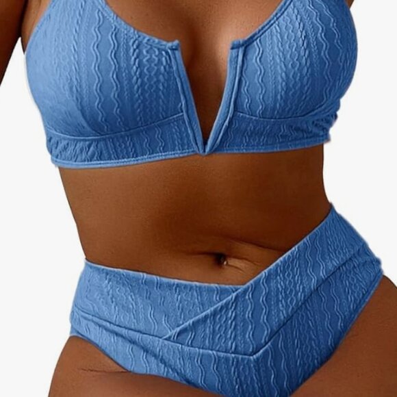 HYTENSUN Women's V Cut High Waisted Bikini Ribbed V-Wired Two Pieces - Picture 1 of 9